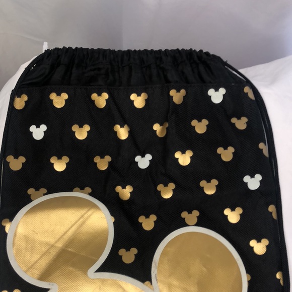 DISNEY Mickey Mouse black, gold, and white nylon drawstring knapsack. - Picture 3 of 6